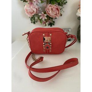 Vtg Crossbody Bag Orange‎ Purse Partial Chain Strap Small Locket Studs Accents